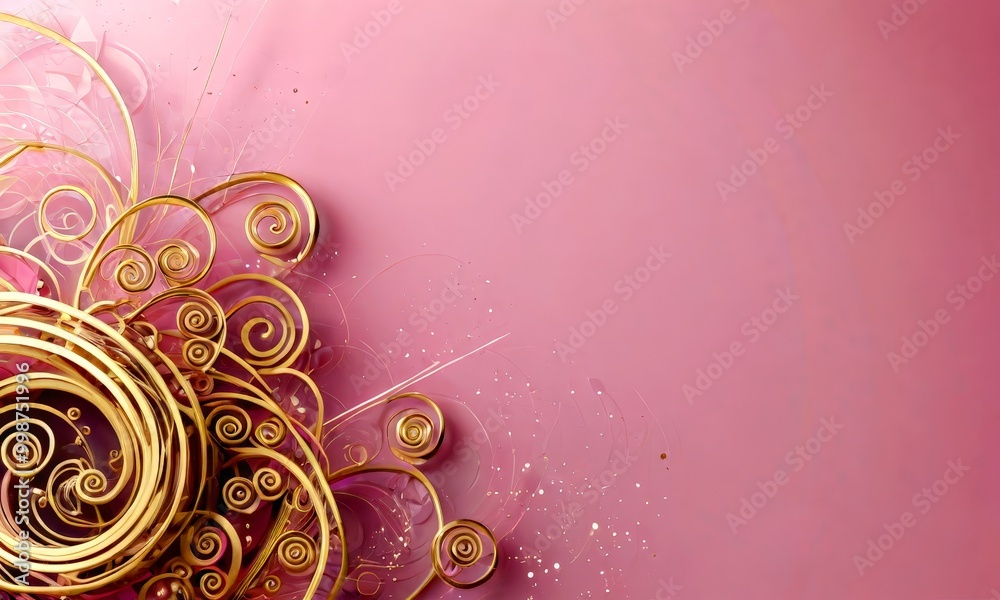 Poster a pink background with a gold spiral design on the left side, and a white background on the right side