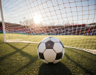 Soccer ball resting inside the net, with sunlight filtering through, symbolizing the aftermath of a goal and the excitement of victory in sports