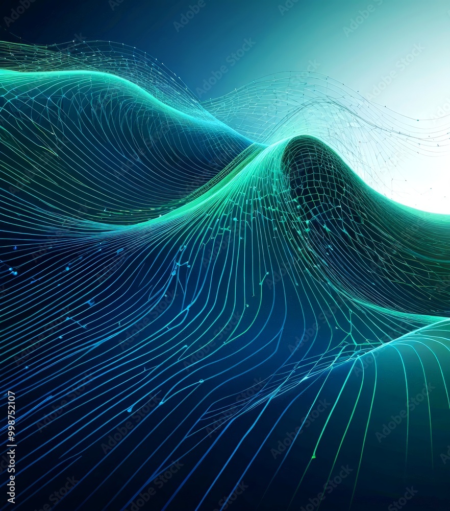 Aufkleber a digital illustration wave-like pattern, composed of lines and dots in shades of blue and green, with a gradient effect transitioning from darker