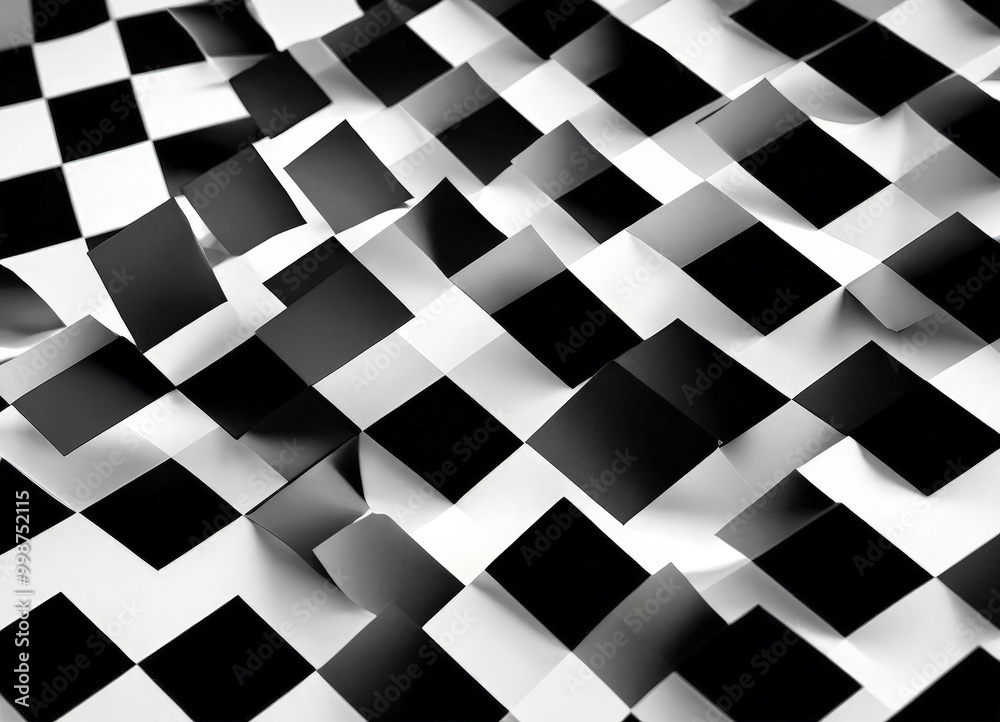 Poster a black and white abstract composition featuring a repeating pattern of overlapping squares, creating a sense of depth and movement