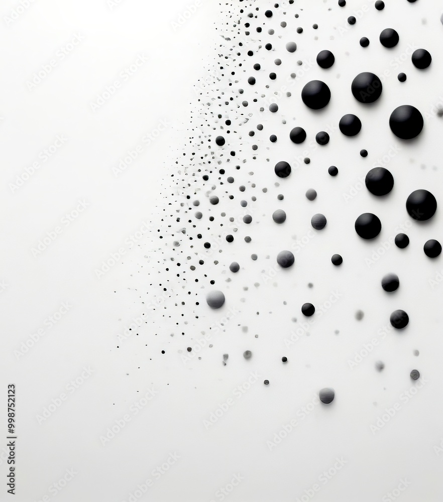 Poster a monochromatic abstract composition of black dots and circles, creating a sense of depth and movement