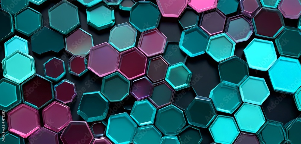 Aufkleber a 3d of a pattern of hexagonal shapes in various shades of blue, purple, and pink, arranged in a gri