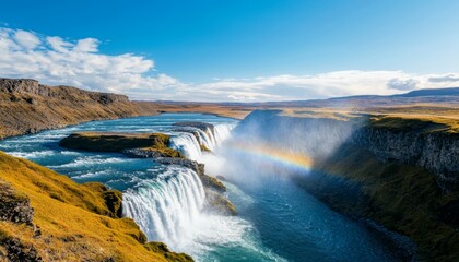 A high waterfall crashing into a river below, with rainbows forming in the mist