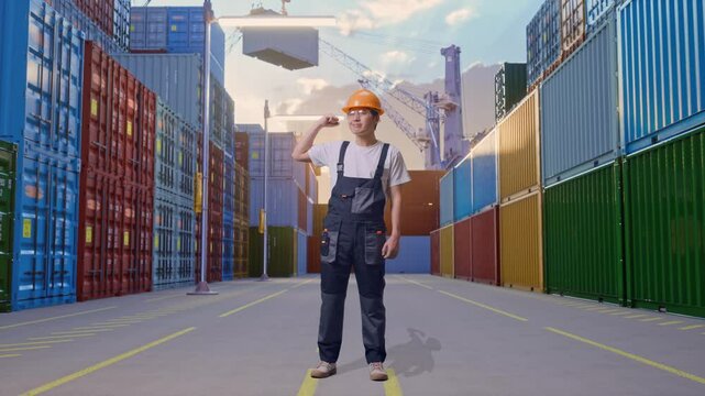 Full Body Of Asian Man Worker Wearing Goggles And Safety Helmet Smiling And Flexing His Bicep While Standing At Container Yard Warehouse