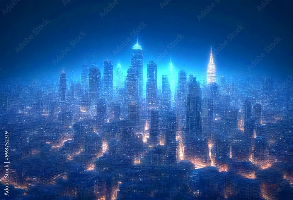 Poster a futuristic cityscape at night, with tall buildings illuminated by a myriad of lights, creating a m