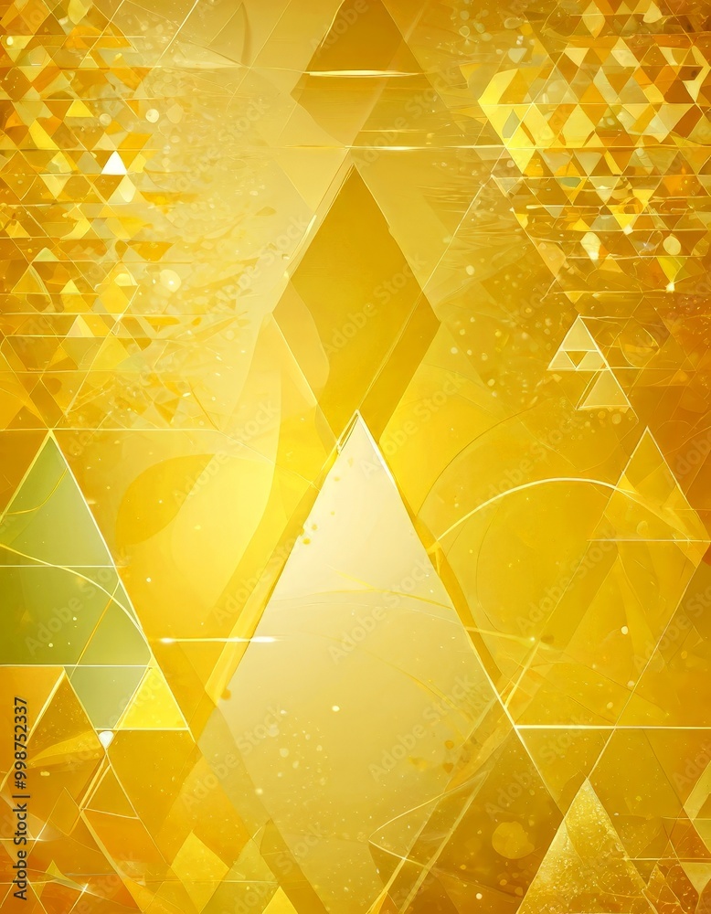 Poster a vibrant abstract composition of overlapping triangles in various shades of yellow and green, creating a dynamic and visually striking pattern