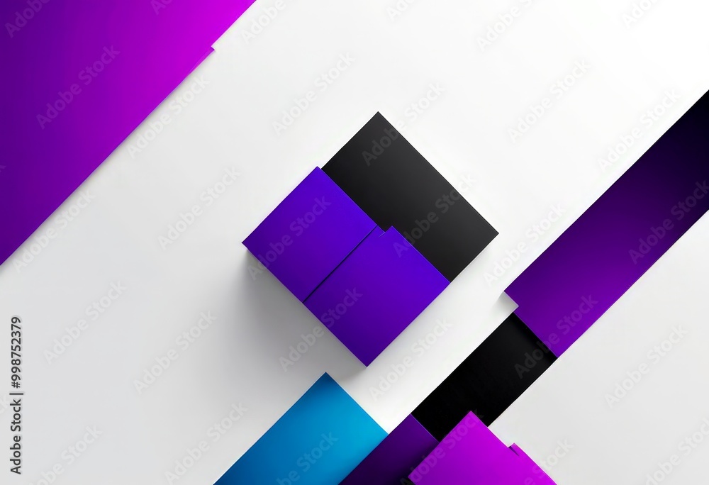 Poster a geometric composition featuring a central black square, surrounded by a series of purple and blue 
