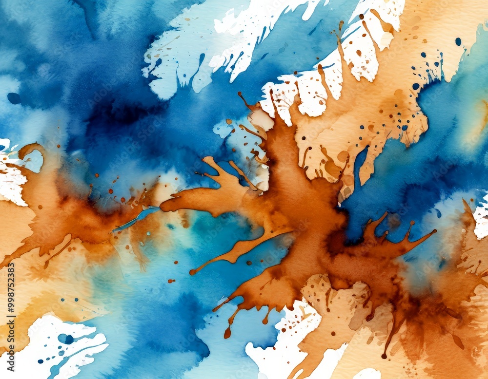 Poster an abstract watercolor painting featuring a vibrant mix of blue, orange, and brown hues, with splash