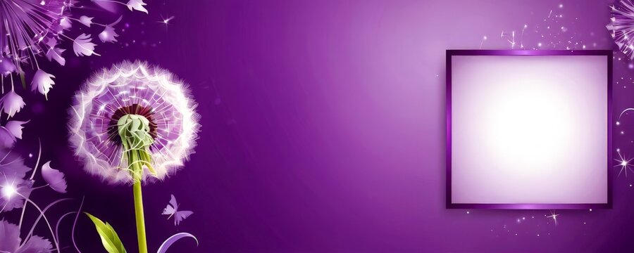 Fototapeta A dandelion with its fluffy white seed head and green stem stands against a purple background adorned with white flowers and butterflies A purple frame with a blank white