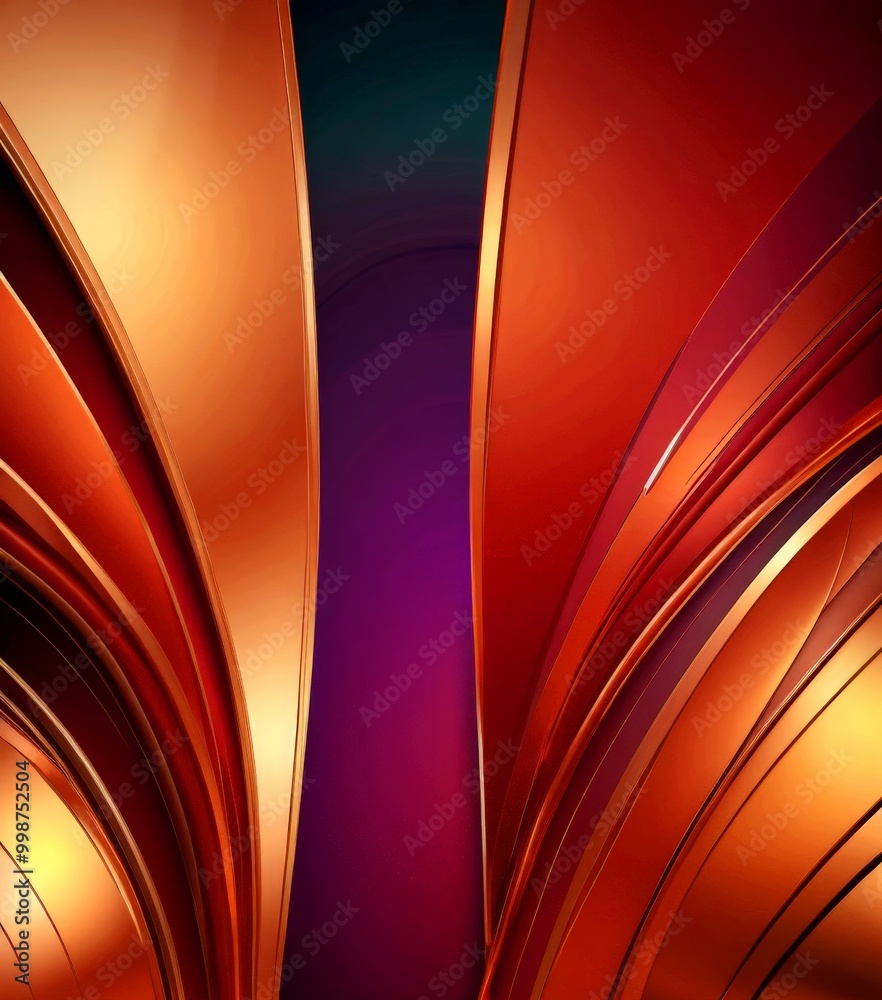 Poster a striking abstract composition of overlapping curved lines in shades of red and orange, transitioning into a deep purple background