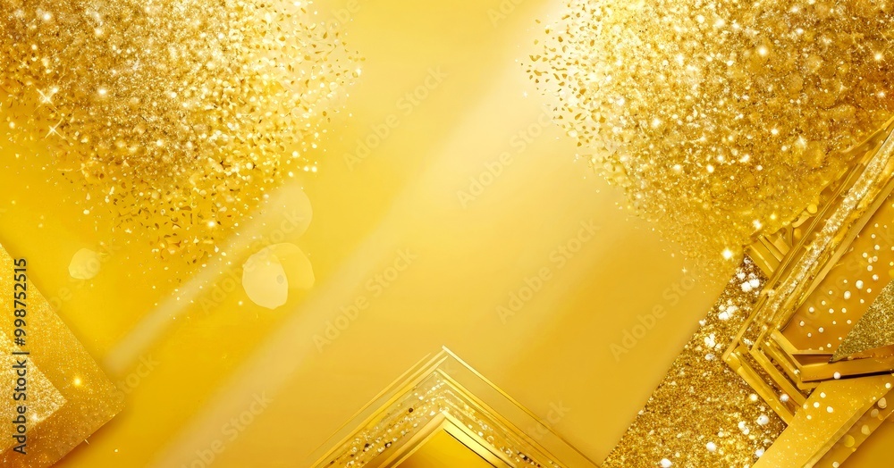 Poster a golden background with a diagonal line running through it, flanked by two symmetrical patterns of gold glittering shapes The left side of adorned with a