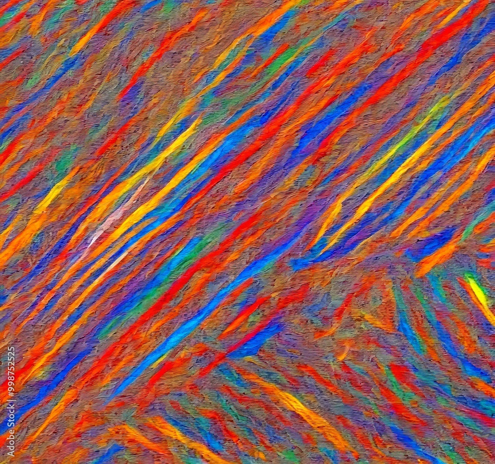 Poster an abstract painting featuring a diagonal pattern of intersecting lines in various colors, creating 