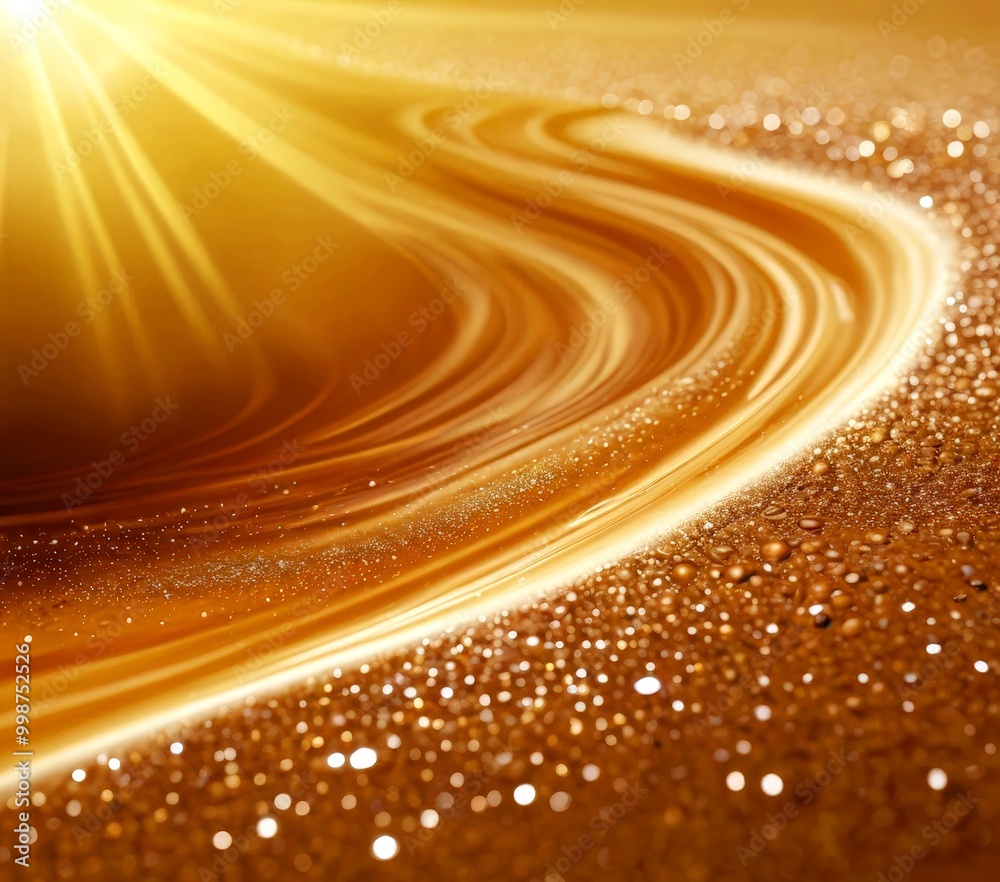 Poster a golden wave-like pattern with a shimmering golden glittering effect, creating a visually striking and captivating composition