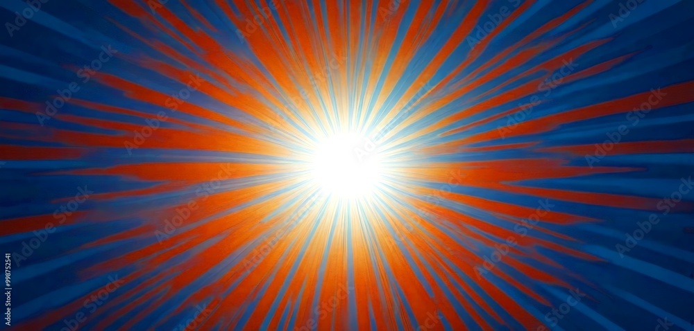 Poster a vibrant, abstract background with a radiant sunburst pattern in shades of orange and blue, creating a sense of energy and movement