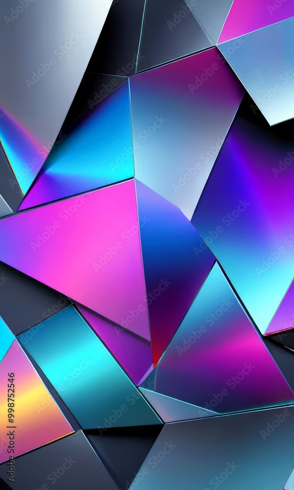 Poster a vibrant abstract composition of overlapping triangular shapes in various shades of blue, purple, and pink, creating a dynamic and visually striking pattern