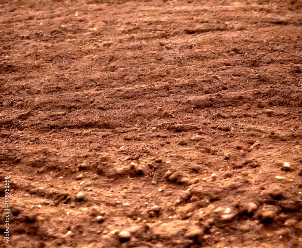 Aufkleber A close-up view dark brown, textured soil surface, with small rocks and uneven patches visible