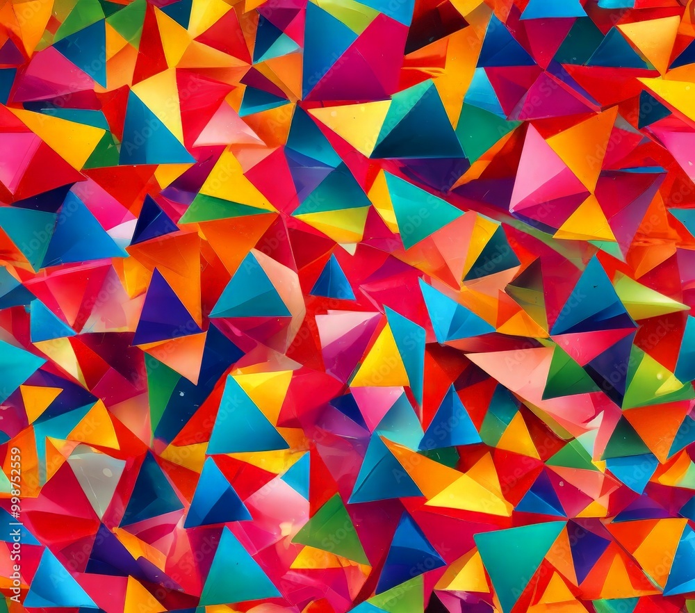 Fototapete a vibrant and abstract composition of overlapping triangular shapes in a variety of bright colors, creating a dynamic and visually striking pattern
