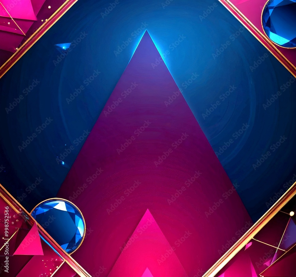 Poster a large, abstract, and geometric design with a central triangular shape, surrounded by smaller triangular shapes and a blue gemstone The design is set against a dark