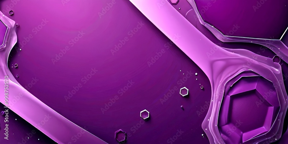 Poster a purple abstract background with a curved line, hexagonal shapes, and small white dots scattered th