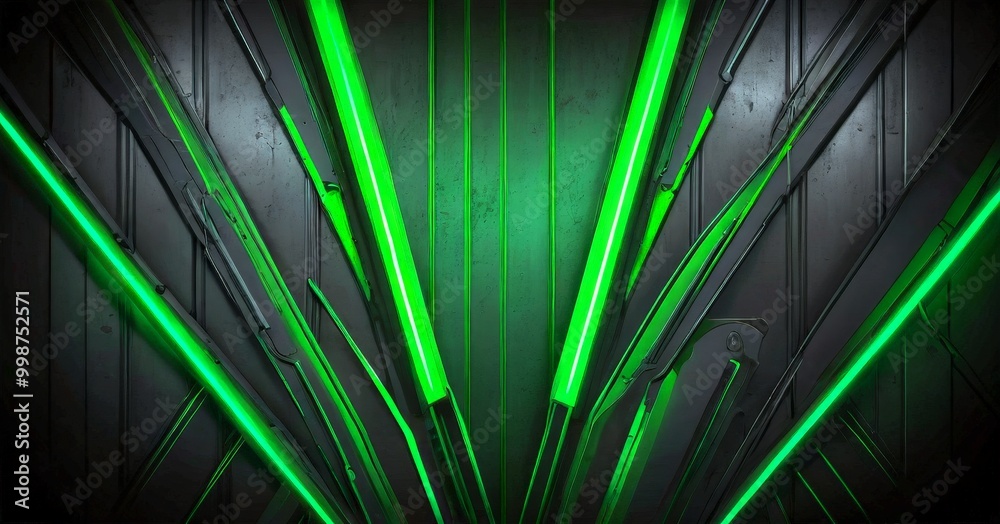 Aufkleber a dark, industrial-looking background with a series of intersecting green neon lights arranged in a 