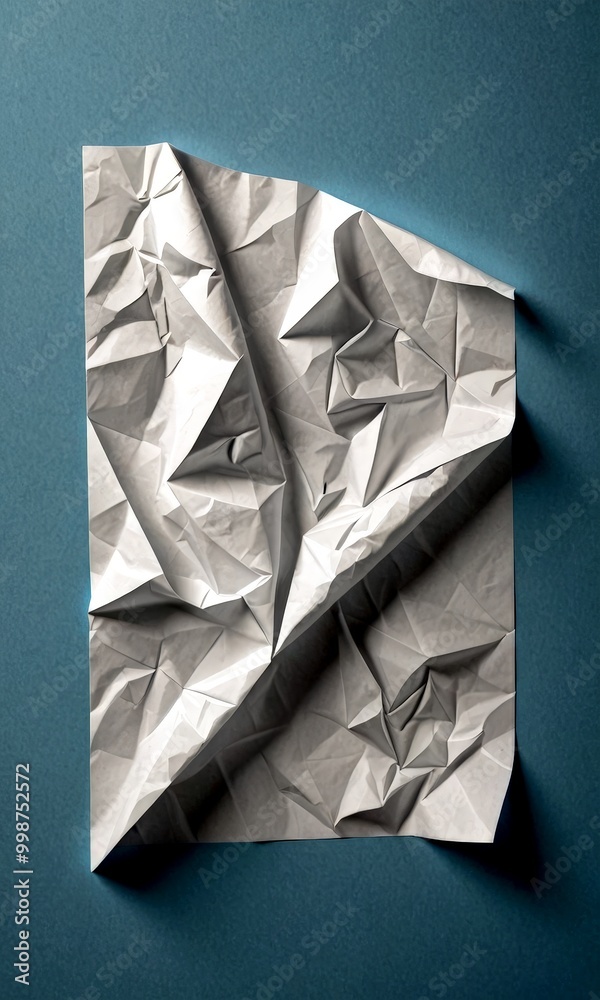 Aufkleber a crumpled white paper is shown against a blue background, creating a minimalist and abstract compos