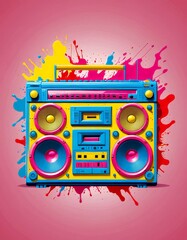 A vibrant illustration of a boombox, featuring a mix of blue, yellow, pink, and red colors, with splashes of paint and a pink background.