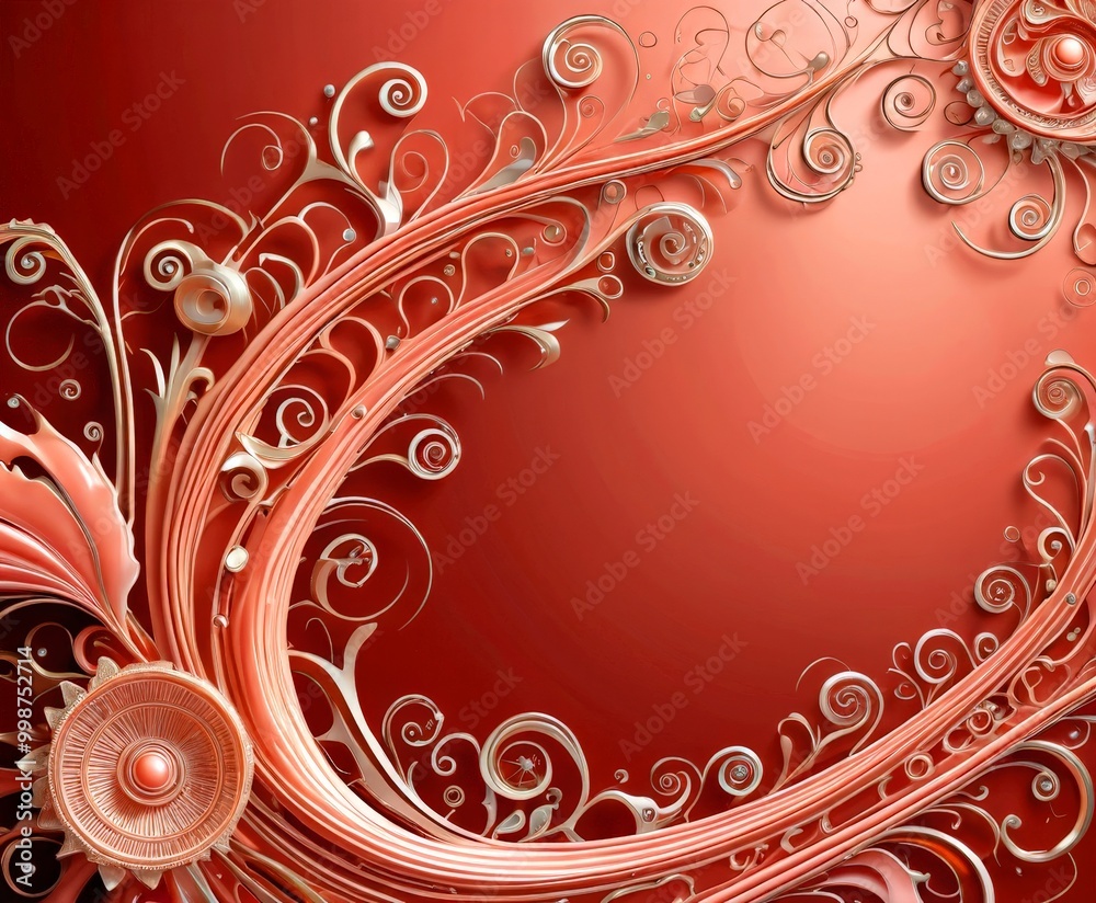 Poster a vibrant, abstract design with a red background and intricate, swirling patterns in shades of pink and orange The design includes a central circular element and a series