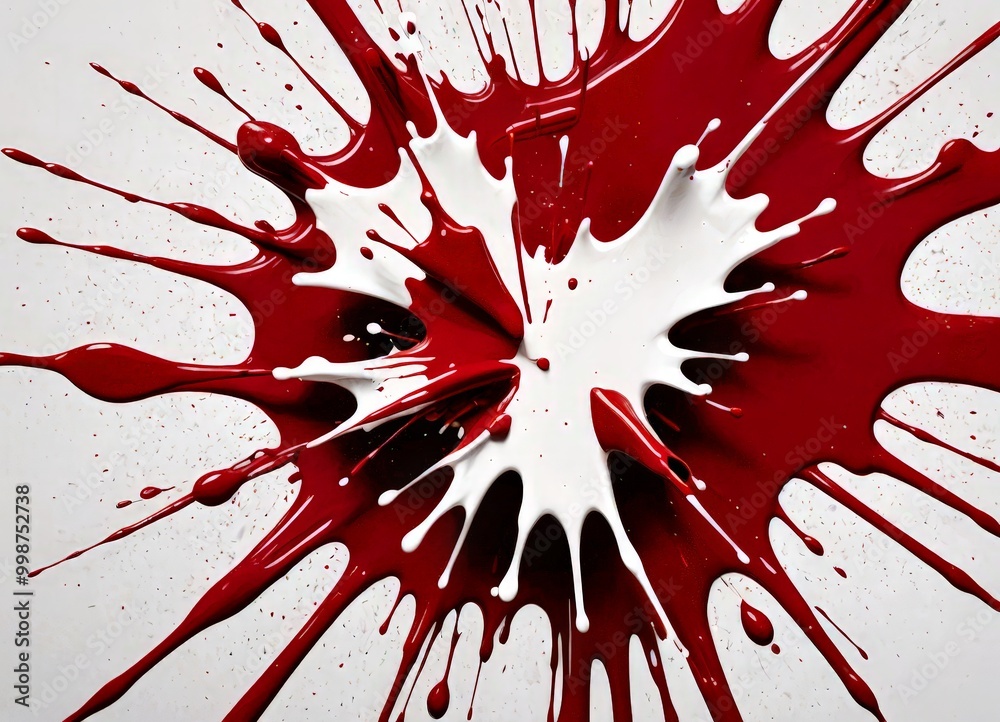 Aufkleber a close-up view red and white paint splash, with the paint dripping and spreading outwards in a radi
