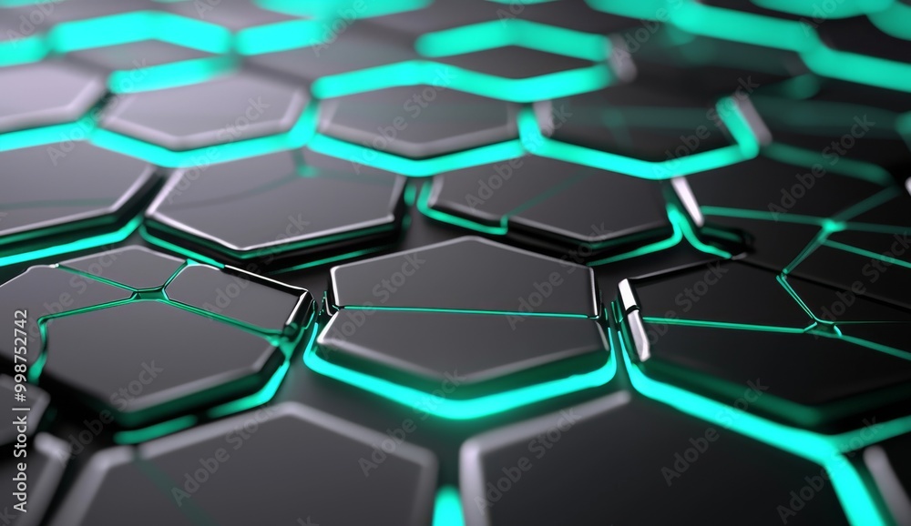 Poster a honeycom hexagon pattern is abstracted in black on a futuristic surface