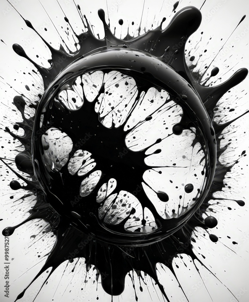 Poster a striking black and white composition featuring a large, abstract splash of black paint or ink, wit