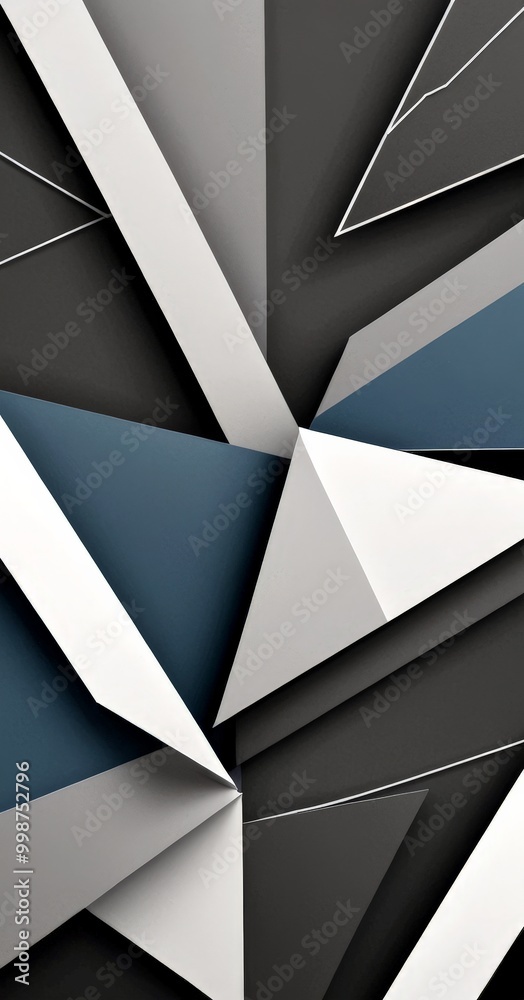 Poster a geometric abstract composition featuring a variety of white, gray, and blue triangles and rectangl
