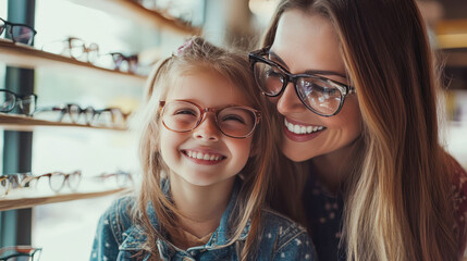 Happy mother and daughter trying on glasses in optic store for sight, vision or eye care at retail shop or store. Smiling young woman and girl wearing eyeglasses. Buying spectacles in optic store