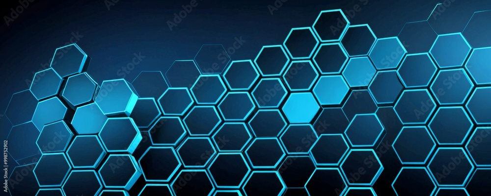 Poster a digital illustration repeating hexagonal pattern, with the majority of the hexagons in shades of b