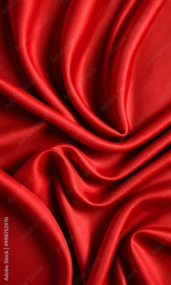 Poster a close-up view red satin fabric, with its folds and creases creating a dynamic and textured appearance