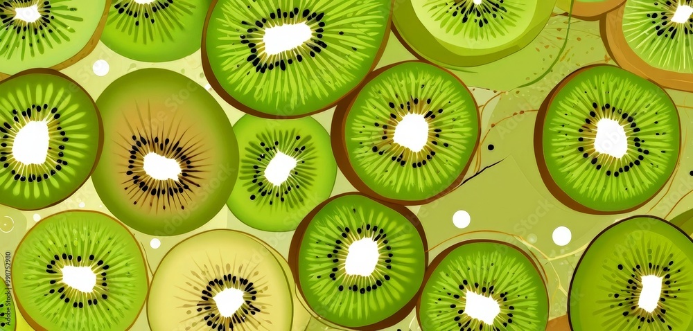 Poster a vibrant abstract composition featuring a variety of kiwi fruit slices in different shades of green