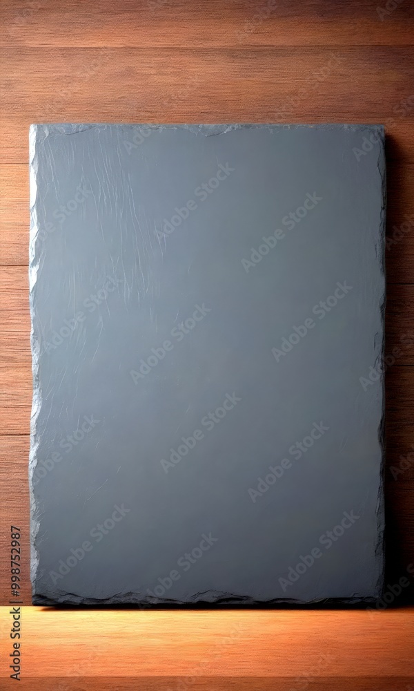 Aufkleber a dark gray slate rests on a wooden surface, its rough texture contrasting with the smoothness of th
