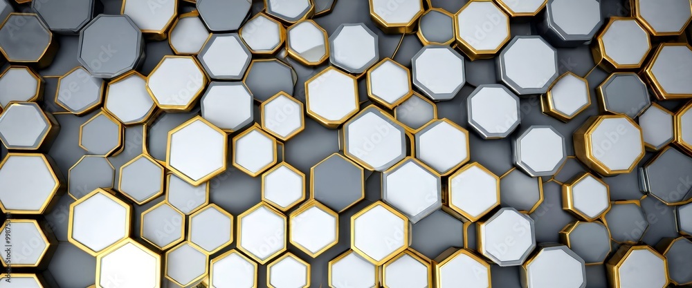 Poster A 3D of a repeating pattern of white hexagonal shapes with gold outlines, arranged in a grid-like formation against a gray background.