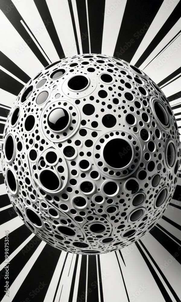 Poster A striking black and white spherical object composed of numerous small circular holes, creating a sense of depth and dimensionality