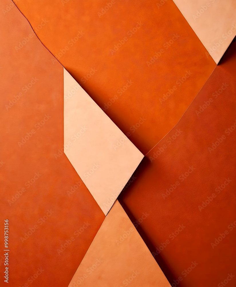 Poster a geometric composition of overlapping paper shapes in shades of orange and brown, creating a visually striking abstract pattern