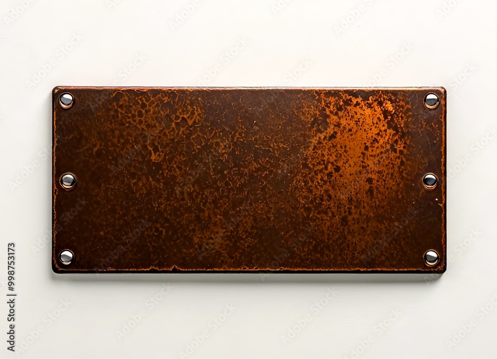 Leinwandbilder A weathered, rectangular metal plate with a rust-colored surface and four evenly spaced rivets on the corners, mounted on a plain white wall