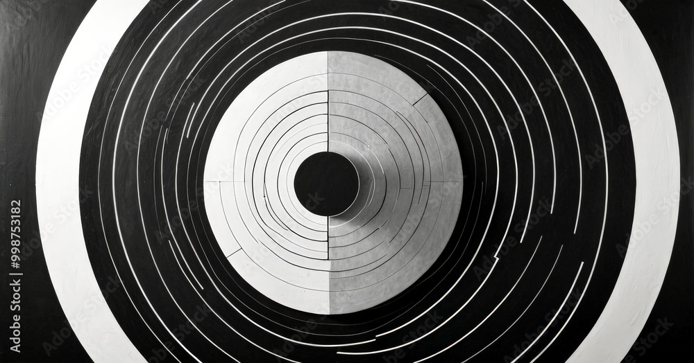 Leinwandbilder a black and white abstract composition featuring concentric circles and lines, creating a sense of depth and movement
