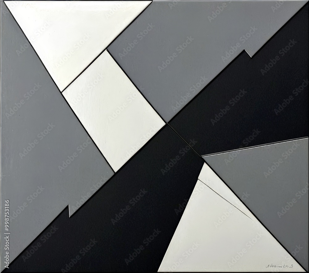 Fototapete Abstract geometric composition featuring intersecting lines and triangles in various shades of gray and black.
