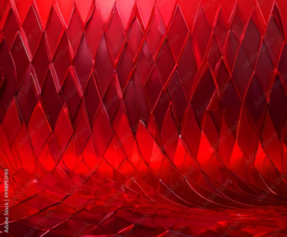 Poster a close-up view red, diamond-shaped pattern composed of numerous small, overlapping triangles The pattern has a shiny, reflective quality, and taken from