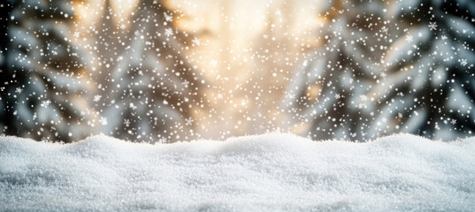 Winter snow scene with blurred forest and snowflakes