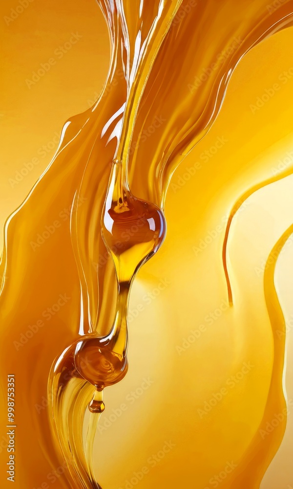 Poster a close-up view drop of honey, captured in a dynamic and abstract manner the honey, exhibiting a ric
