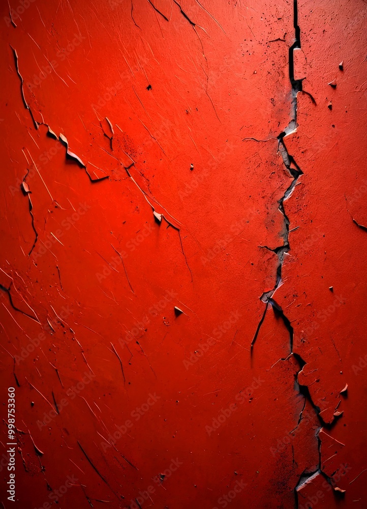 Poster A close-up of a red wall with a cracked and chipped surface, creating a textured and distressed appearance.