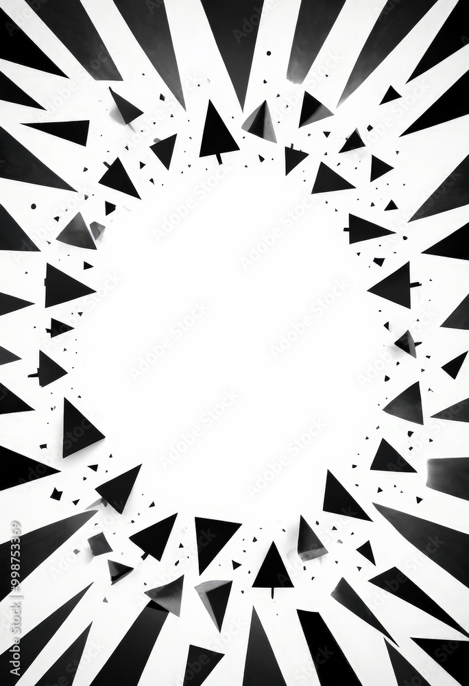 Poster a black and white abstract composition with a central white circle surrounded by a multitude of black triangles scattered across the frame