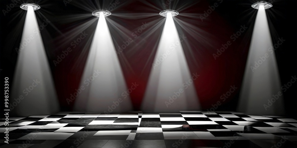 Poster four spotlights shine down on a checkered floor, casting dramatic shadows and highlighting the geome