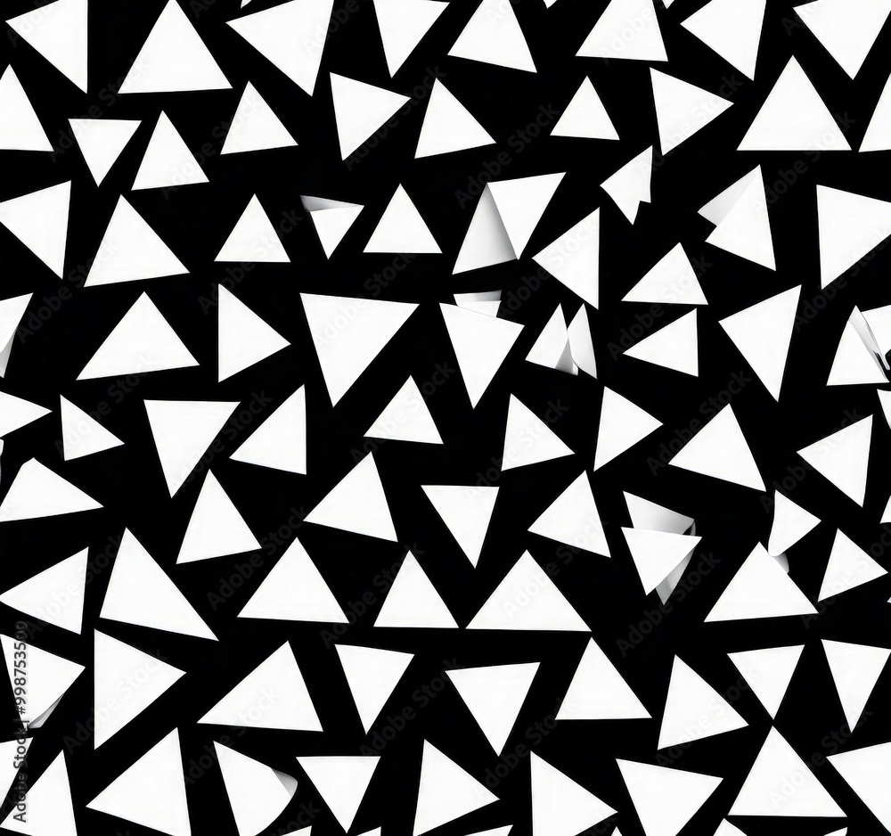Poster a black and white pattern composed of numerous white triangles scattered across the frame The triangles vary in size and are randomly distributed, creating a sense of