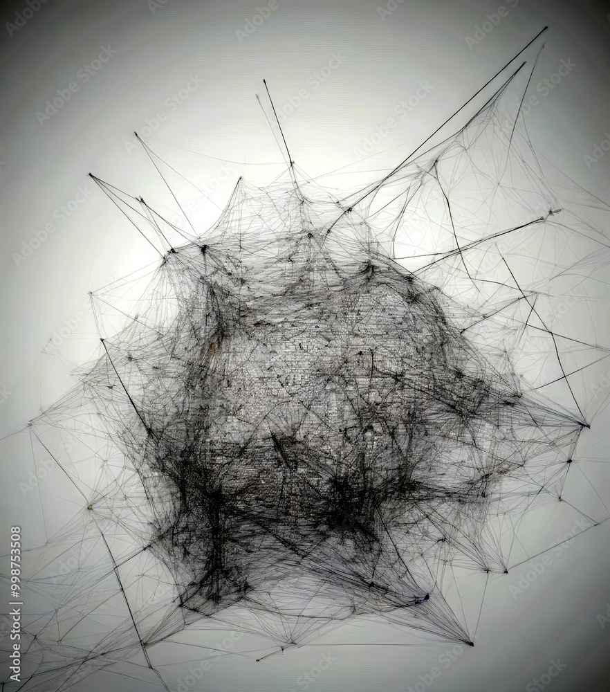 Poster a complex network of interconnected lines and points, resembling a spider web or a dense cluster of interconnected nodes, set against a light gray background